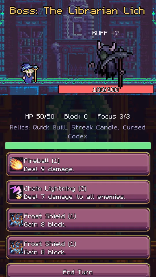 The Librarian Lich boss fight, with the wizard's spell runes listed below.