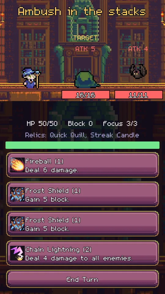A fight in the library: the wizard faces a slime that will attack for 5, with spell runes below.