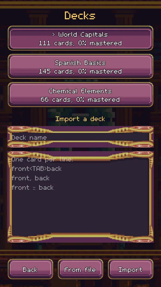 The Decks screen with three built-in decks and an import box.