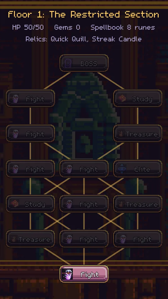 The branching map of floor 1 with fights, treasure, study halls, an elite and the boss.