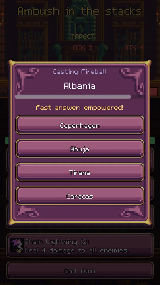 Casting Fireball: the card asks for the capital of Albania with four choices.