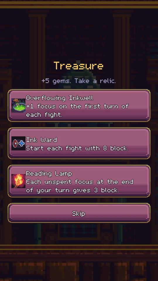 A treasure room offering three relics: Overflowing Inkwell, Ink Ward and Reading Lamp.